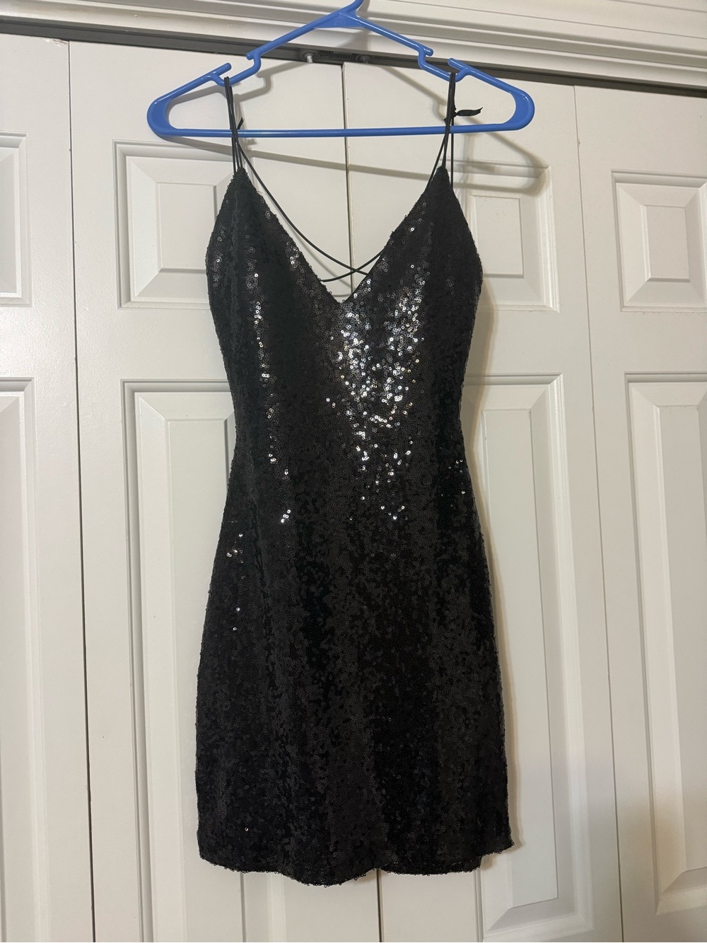 Black Sequin V-Neck Spaghetti Strap Dress. HOCO